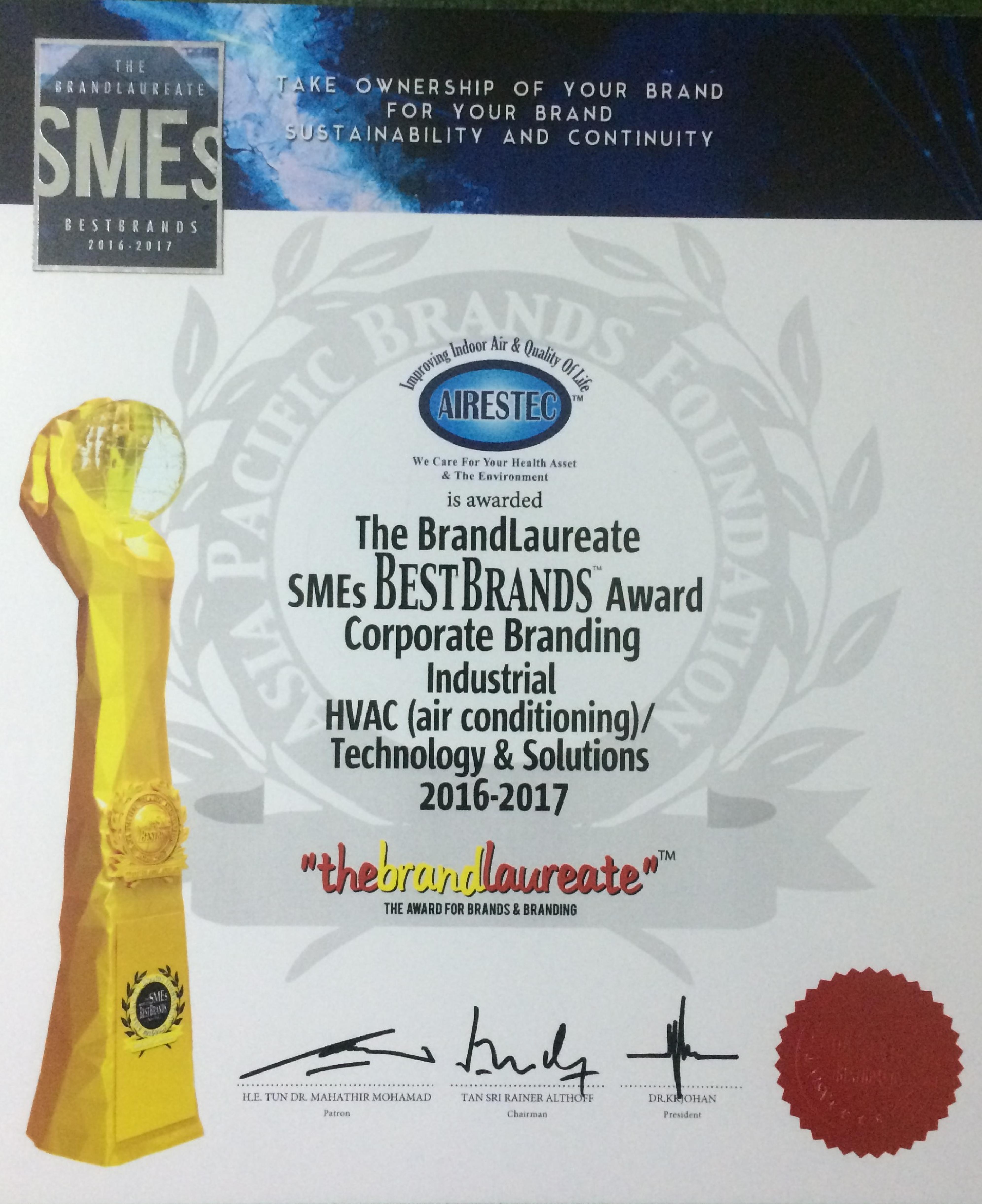 The BrandLaureate SMEs Best Brands Award Corporate Branding Industrial HVAC (Air Conditioning) / Technology & Solutions 2016 -2017