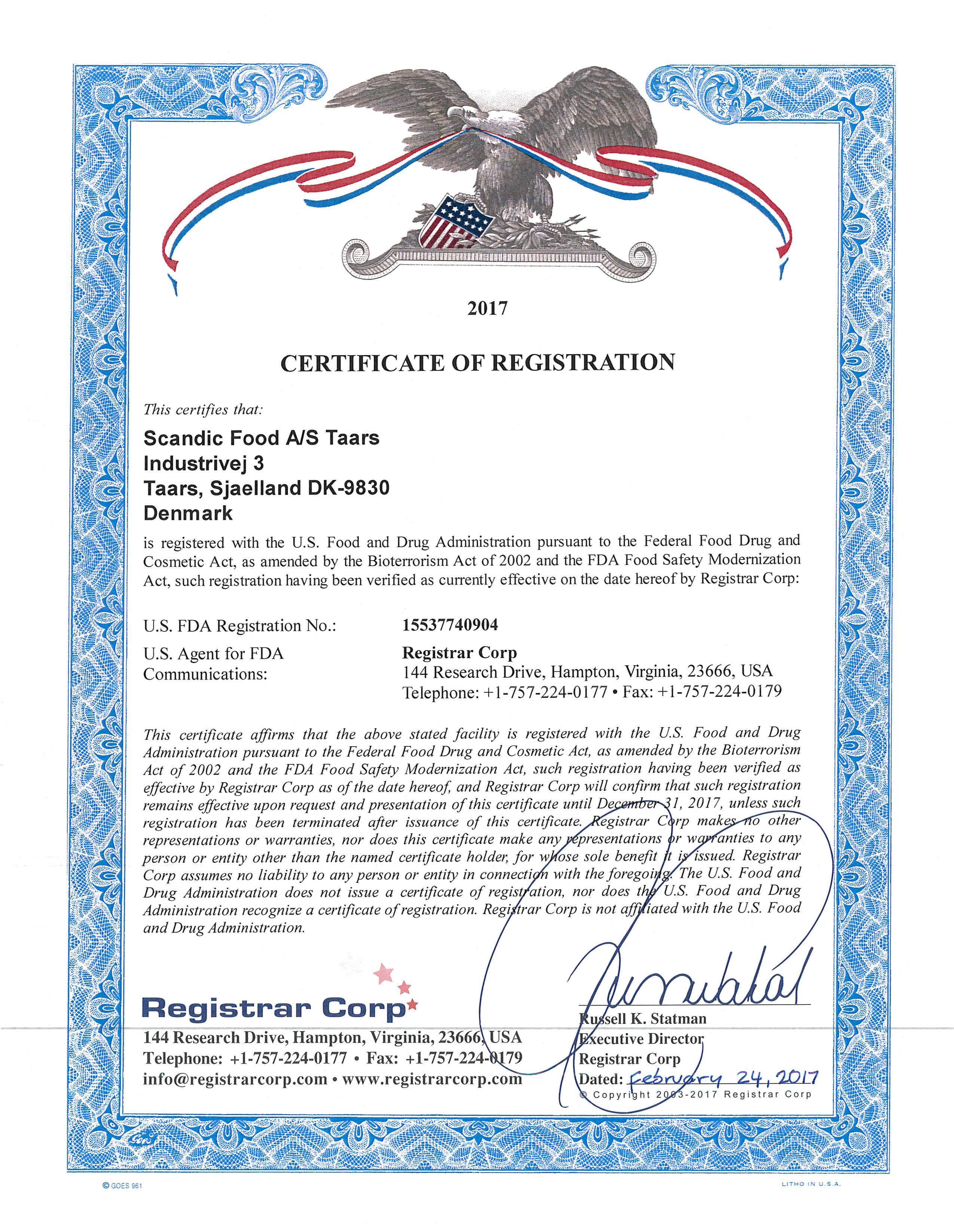 FDA Registered Certification