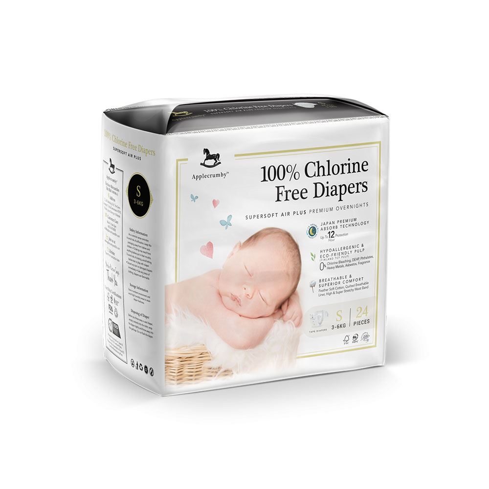 Applecrumby™ Chlorine Free Premium Overnight Baby Tape Diapers (S24)