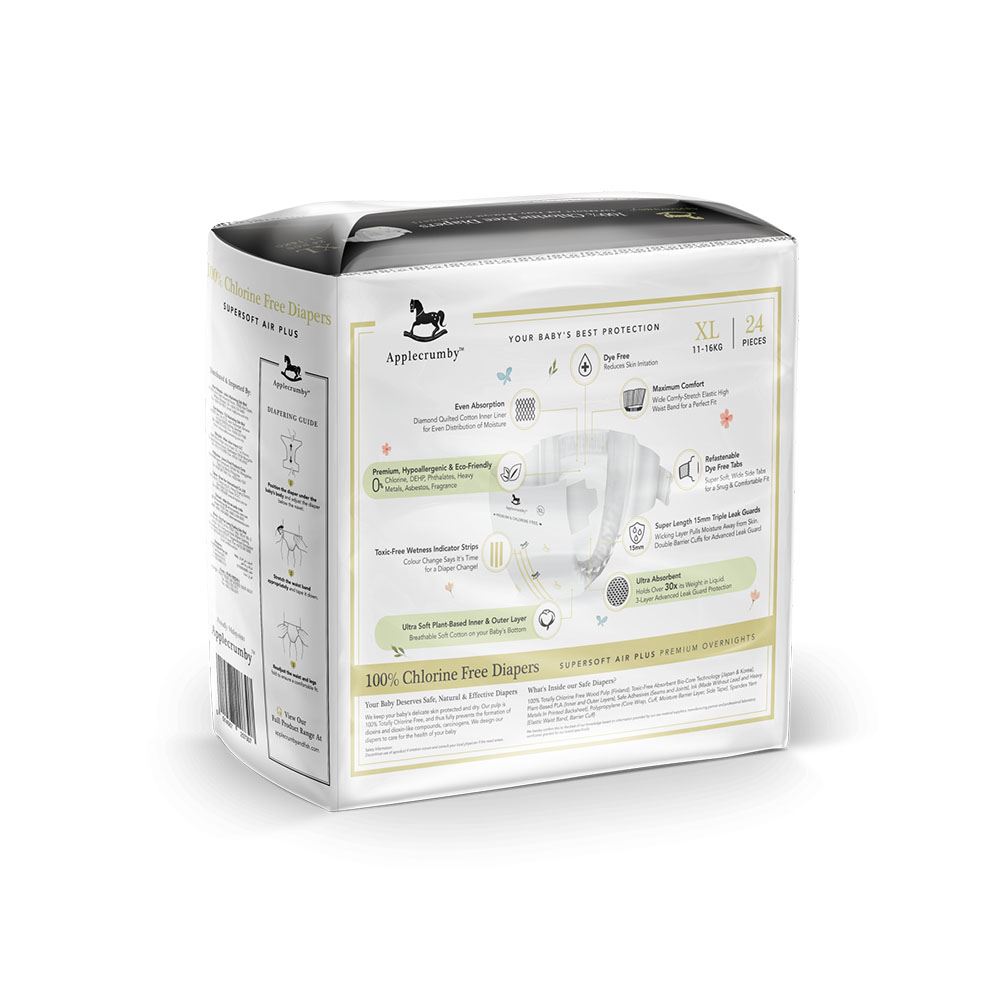 Applecrumby™ Chlorine Free Premium Overnight Baby Tape Diapers (XL24)