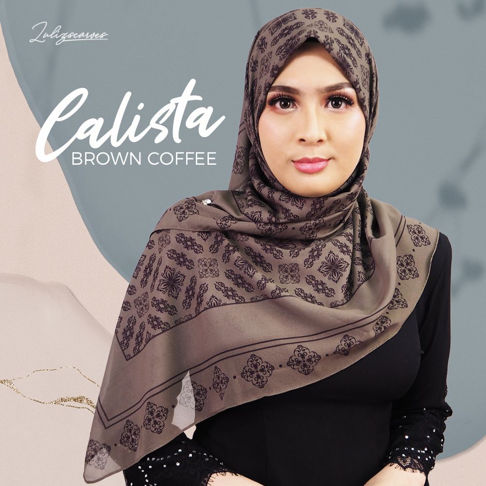 Bawal tudung printed calista (ironless) heavy chiffon headscarf brown bidang 50x50 