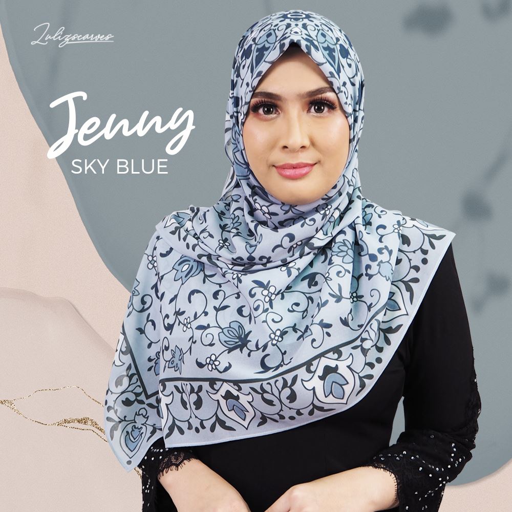 Bawal tudung printed jenny (ironless) heavy chiffon headscarf blue sky bidang 45x45