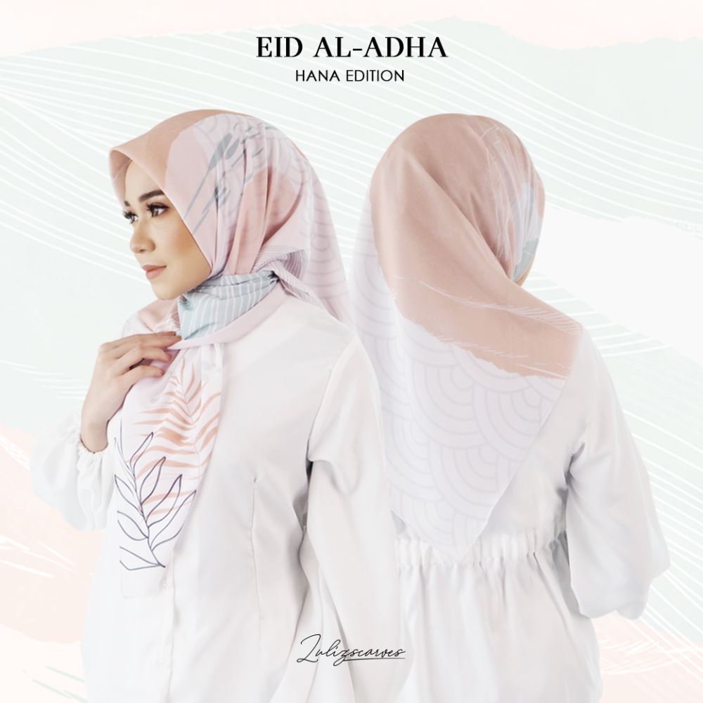 Tudung bawal printed eid adha cream (satin matte headscarf bidang 45x45) 