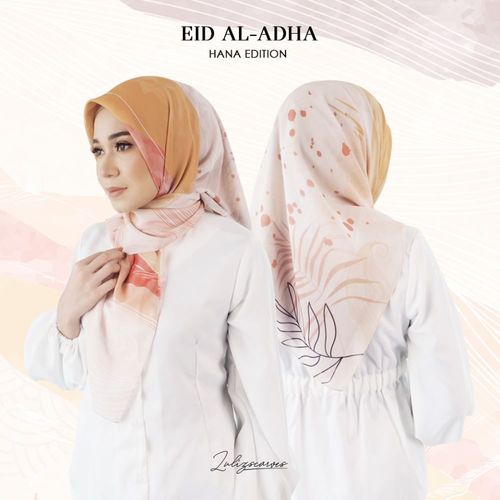 Tudung bawal printed eid adha (ironless) orange heavy chiffon headscarf bidang 45x45 