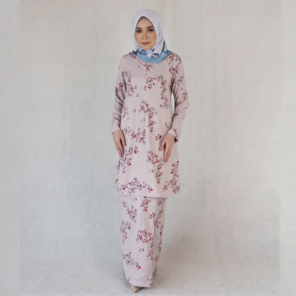 Baju Kurung Pahang Printed Nora Muslimah Soft Grey Women Dress 