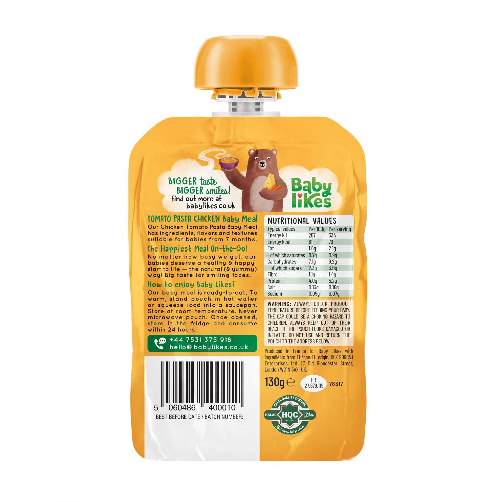 Baby Likes Tomato Pasta Chicken - Halal Organic Baby Food for Babies 7+ months
