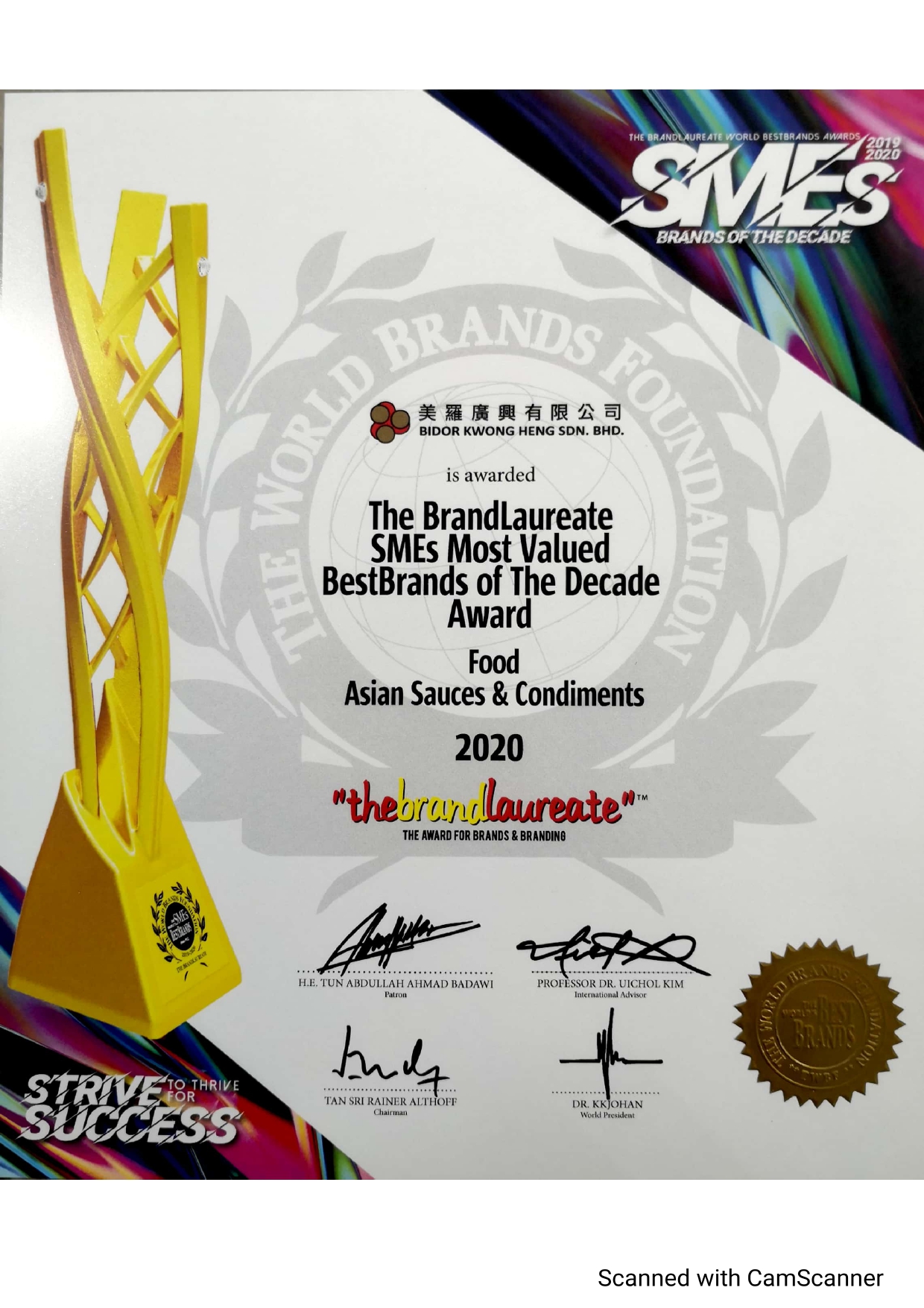 The BrandLaureate SMEs Most Valued BestBrands of The Decade Award 2020
