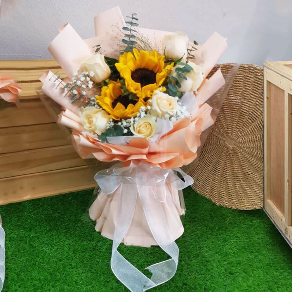 Fresh Sunflower with White Roses Bouquet