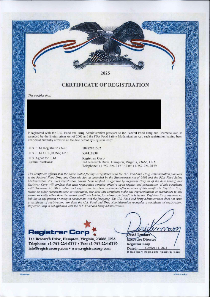 FDA Registered Certification